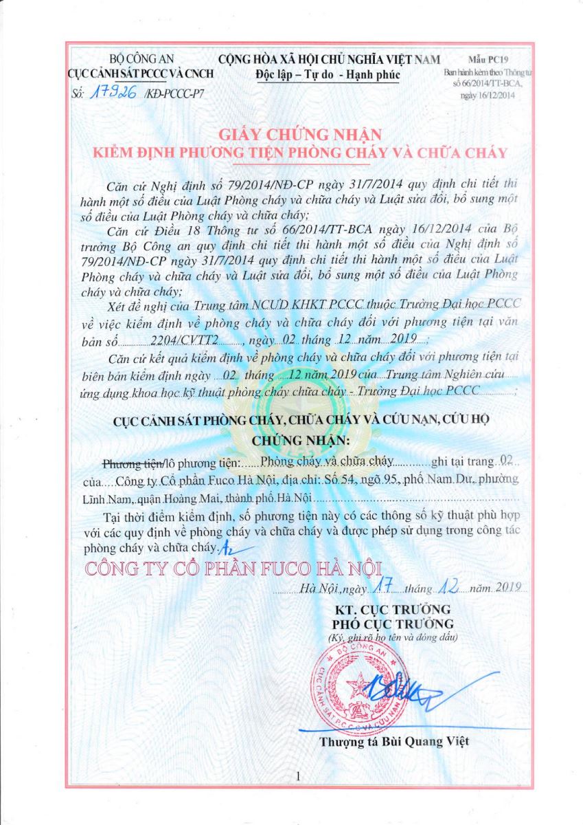 chứng chỉ cửa cuốn chống cháy Fuco