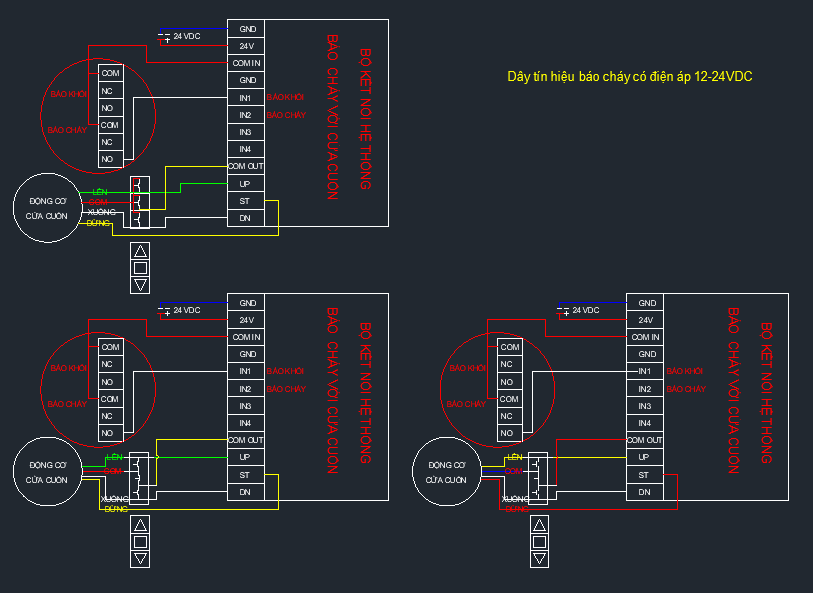 • Trường hợp hệ thống báo cháy có 2 sợi dây (tiếp điểm có điện áp 12-24VDC)